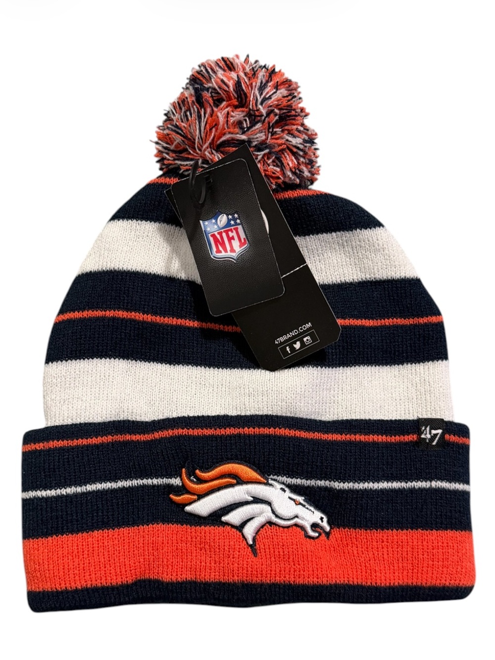 NFL ‘47 Denver Broncos Striped Pom Beanie - Navy, Orange, White